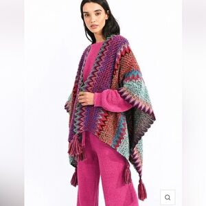 New Mixed Media Boho Chunky Yarn Knit Tasseled Poncho Cardigan Multi Color NWOT